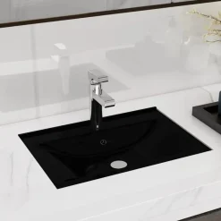 vidaXL Vasque à trou de trop-plein/robinet Noir céramique pour salle de bain