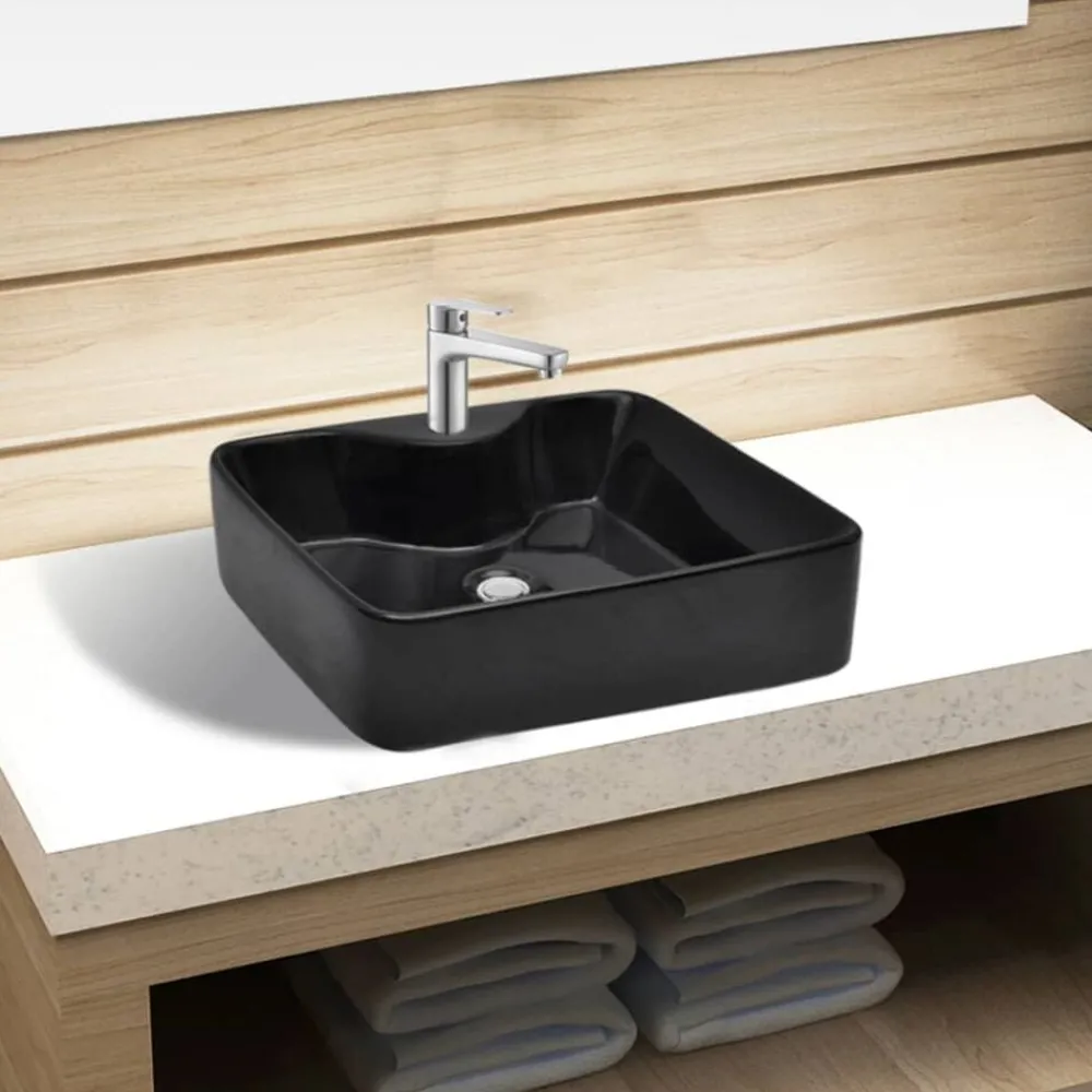 Plomberie-vidaXL Vasque carrée à trou pour robinet céramique pour salle de bain Noir