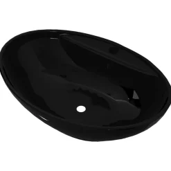 Plomberie-vidaXL Vasque ovale à trou trop-plein/robinet céramique pour salle de bain Noir