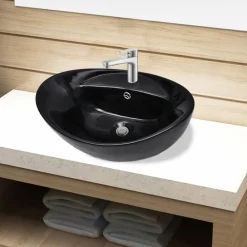 Plomberie-vidaXL Vasque ovale à trou trop-plein/robinet céramique pour salle de bain Noir