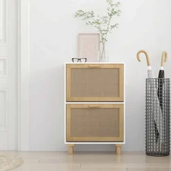 Produits Ménagers-vidaXL Armoire à chaussures 52x25x80 cm Bois d'ingénierie/rotin Blanc