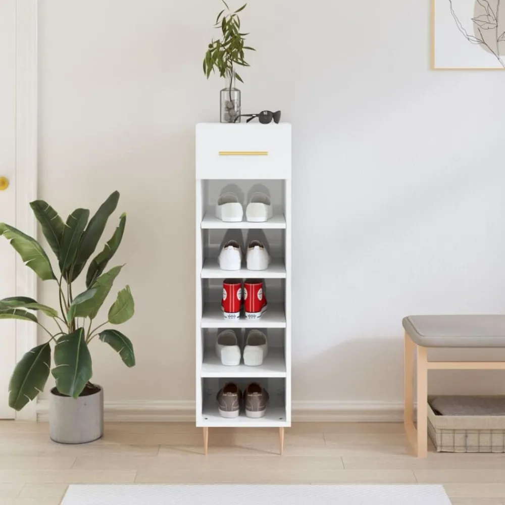 Produits Ménagers-vidaXL Armoire à chaussure 30x35x105 cm Bois ingénierie Blanc brillant