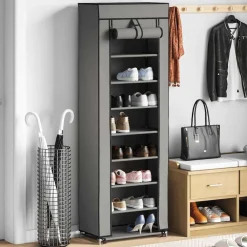 Produits Ménagers-vidaXL Armoire à chaussures avec housse 57x29x162 cm Tissu Gris