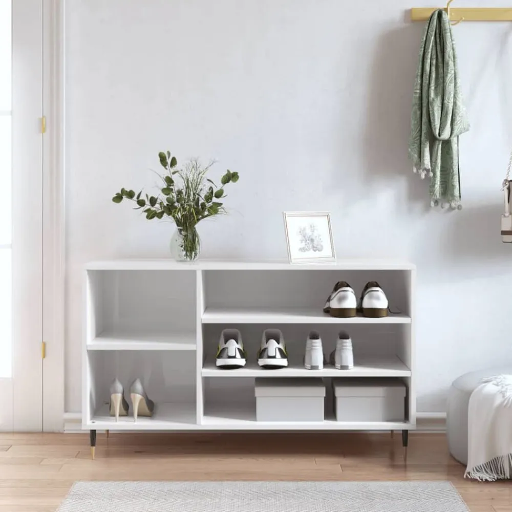 Produits Ménagers-vidaXL Armoire à chaussure 102x36x60 cm Bois ingénierie Blanc brillant