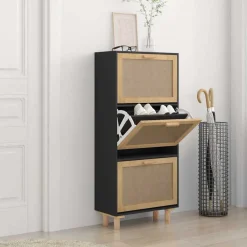 Produits Ménagers-vidaXL Armoire à chaussures 52x25x115 cm Bois d'ingénierie/rotin Noir