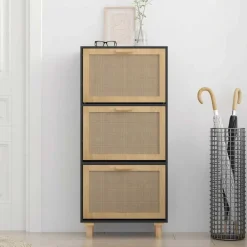 Produits Ménagers-vidaXL Armoire à chaussures 52x25x115 cm Bois d'ingénierie/rotin Noir