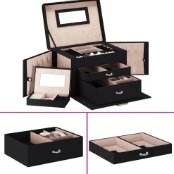 Santé & Beauté-vidaXL Boîte à bijoux 3 niveaux miroir verrouillable 26x18x17,5cm Noir