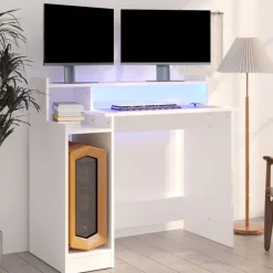 Meubles De Bureau-vidaXL Bureau avec lumières LED 97x45x90 cm Bois d'ingénierie Blanc