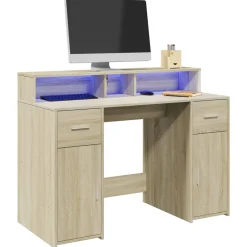 Meubles De Bureau-vidaXL Bureau avec lumières LED chêne sonoma bois d'ingénierie Ch&ecirc;ne sonoma