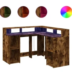 Meubles De Bureau-vidaXL Bureau et lumières LED chêne fumé 130x130x91cm bois ingénierie Chêne fumé