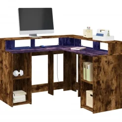 Meubles De Bureau-vidaXL Bureau et lumières LED chêne fumé 130x130x91cm bois ingénierie Ch&ecirc;ne fumé