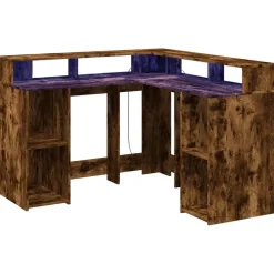 Meubles De Bureau-vidaXL Bureau et lumières LED chêne fumé 130x130x91cm bois ingénierie Ch&ecirc;ne fumé