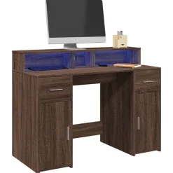 Meubles De Bureau-vidaXL Bureau et lumières LED chêne marron bois d'ingénierie Ch&ecirc;ne marron