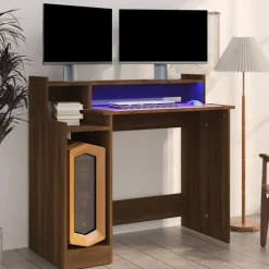 vidaXL Bureau et lumières LED Chêne brun 97x45x90 cm Bois d'ingénierie