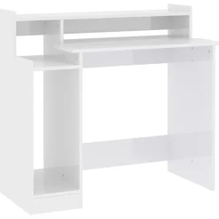 Meubles De Bureau-vidaXL Bureau lumières LED 97x45x90cm Bois d'ingénierie Blanc brillant