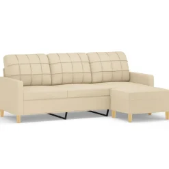 Canapés-vidaXL Canapé à 3 places avec repose-pieds Crème 180 cm Tissu Cr&egrave;me