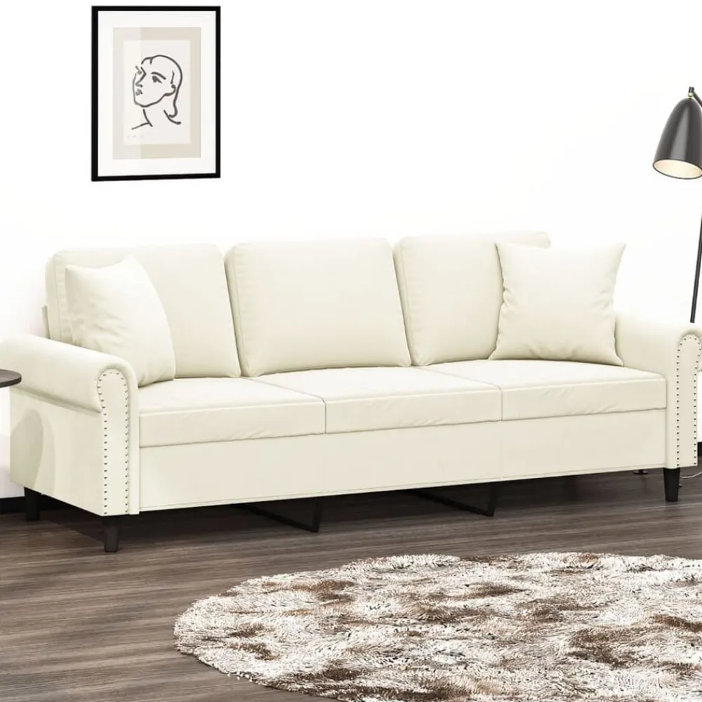 vidaXL Canapé 3 places avec oreillers décoratifs crème 180 cm velours