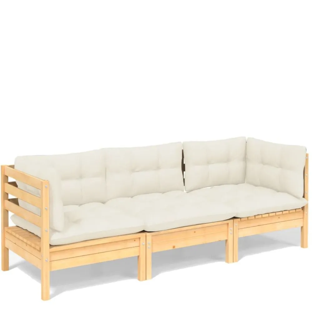 Mobilier De Jardin-vidaXL Canapé 3 places de jardin et coussins crème Bois de pin solide Marron et crème