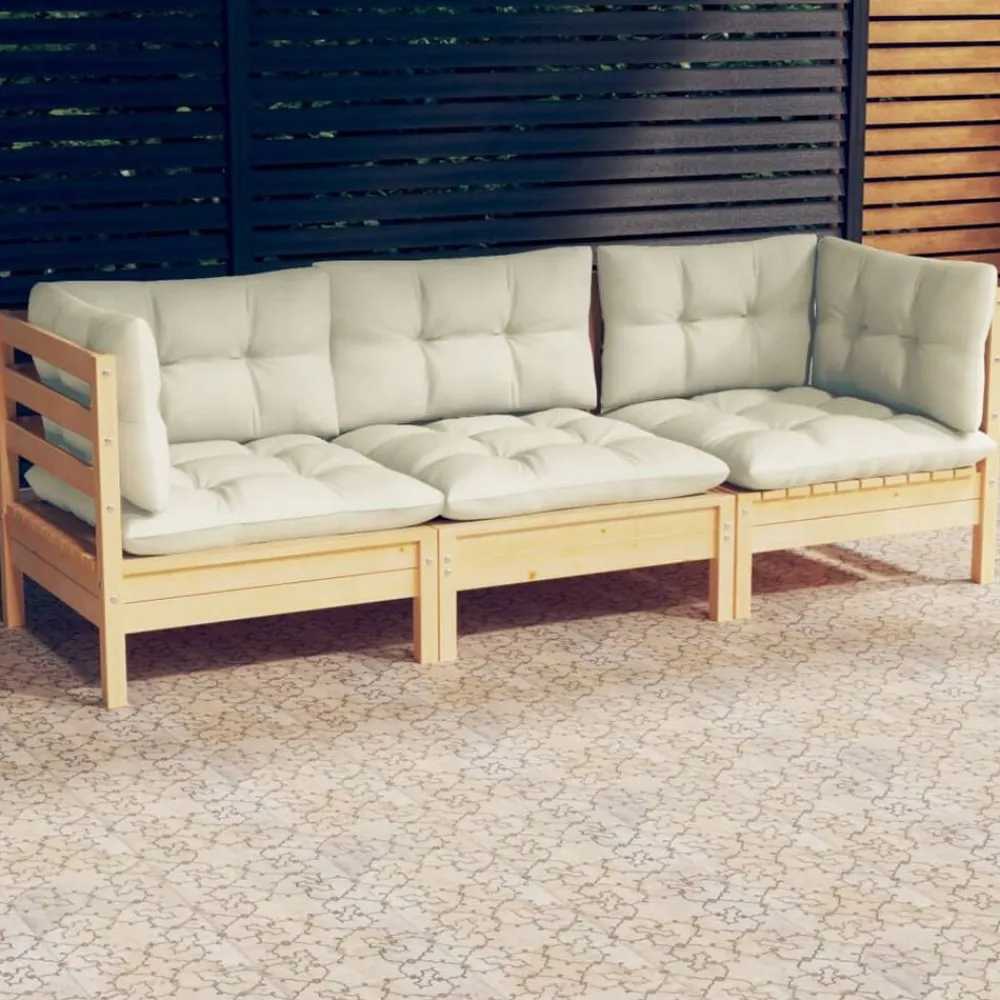 Mobilier De Jardin-vidaXL Canapé 3 places de jardin et coussins crème Bois de pin solide Marron et crème