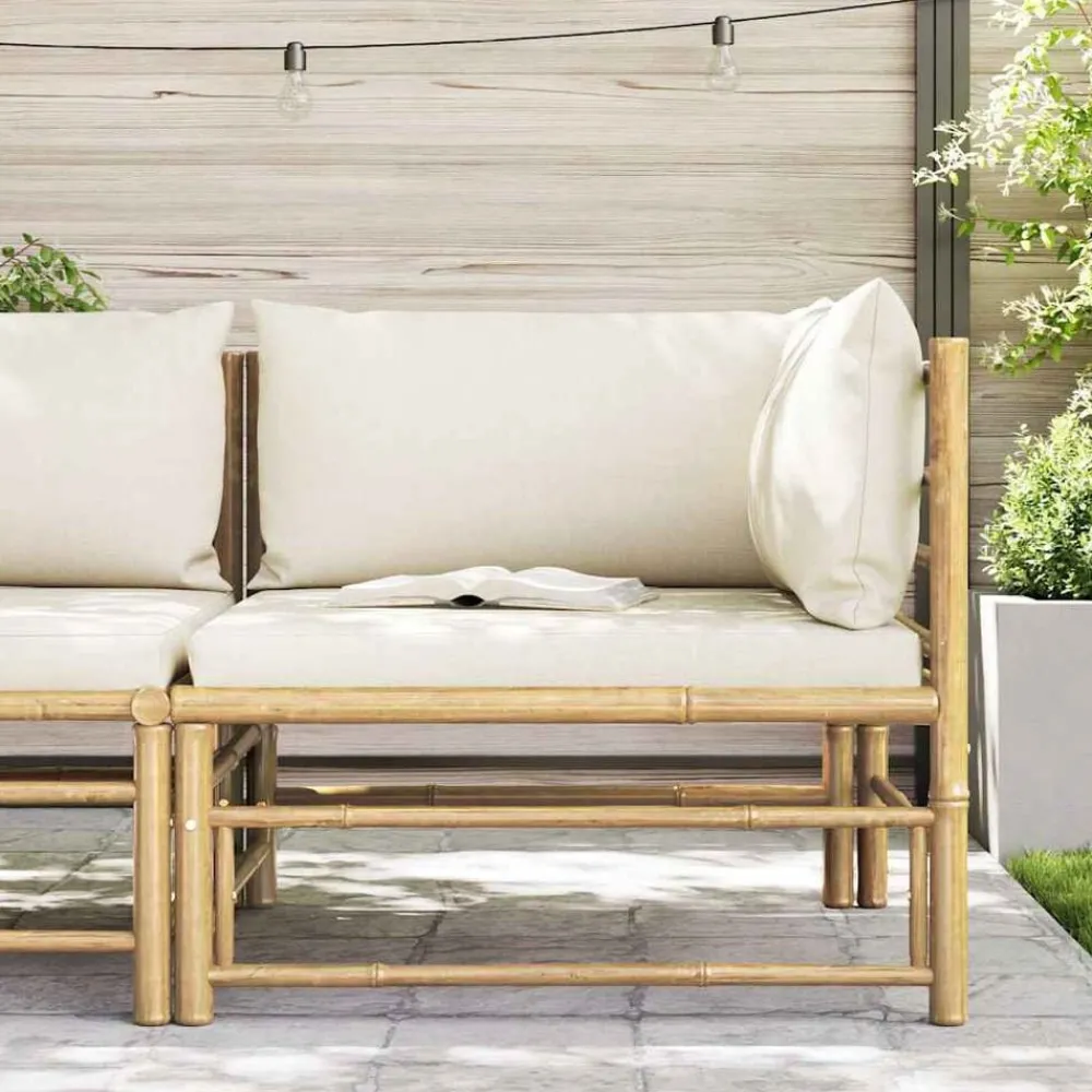 Mobilier De Jardin-vidaXL Canapé d'angle de jardin avec coussins crème Bambou Blanc