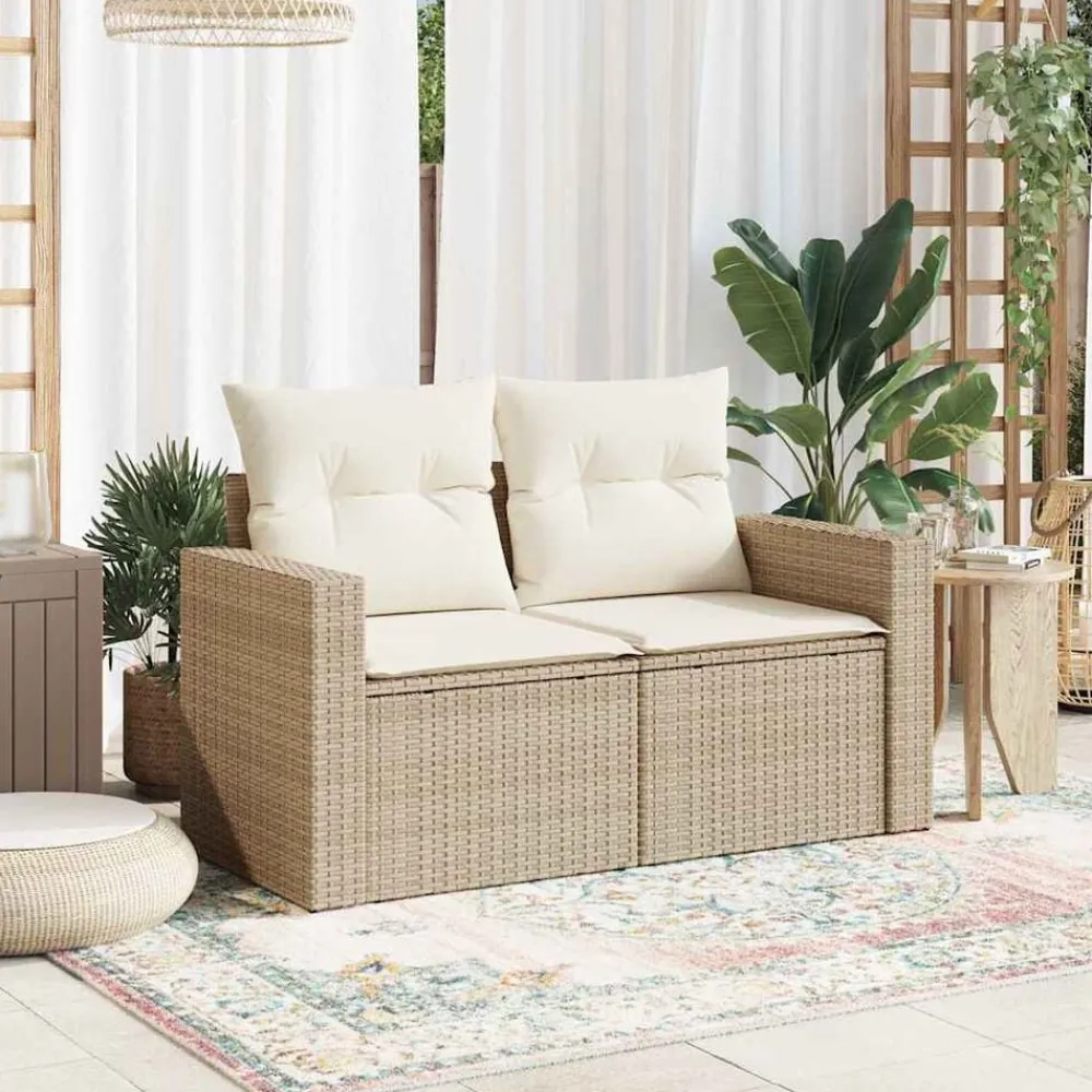 vidaXL Canapé de jardin avec coussins 2 places beige résine tressée
