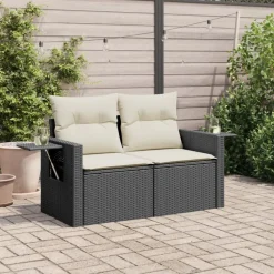 Mobilier De Jardin-vidaXL Canapé de jardin avec coussins 2 places noir résine tressée Noir et cr&egrave;me