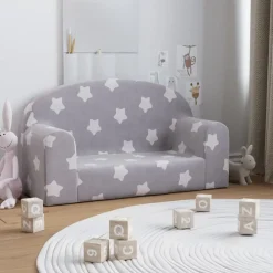 vidaXL Canapé enfants 2 places gris clair avec étoiles peluche douce
