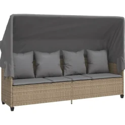 vidaXL Chaise longue avec auvent et coussins beige résine tressée