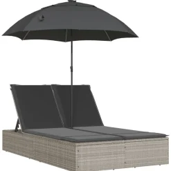 vidaXL Chaise longue double avec coussins et parasol rotin