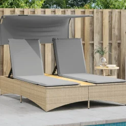 Mobilier De Jardin-vidaXL Chaise longue double et auvent et coussins mélange rotin Beige