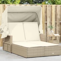 vidaXL Chaise longue double avec auvent et coussins poly rotin