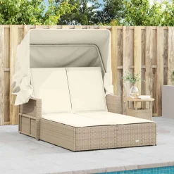 vidaXL Chaise longue double avec auvent et coussins poly rotin