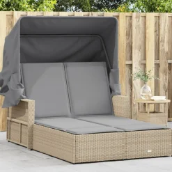 Mobilier De Jardin-vidaXL Chaise longue double et auvent et coussins mélange beige rotin Mélange de beiges