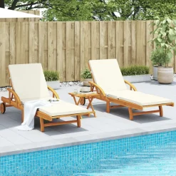 Mobilier De Jardin-vidaXL Chaises longues lot de 2 avec table bois massif d'acacia Cr&egrave;me