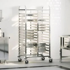 vidaXL Chariot à plateaux 32 bacs GN 75x55x162,5 cm acier inoxydable