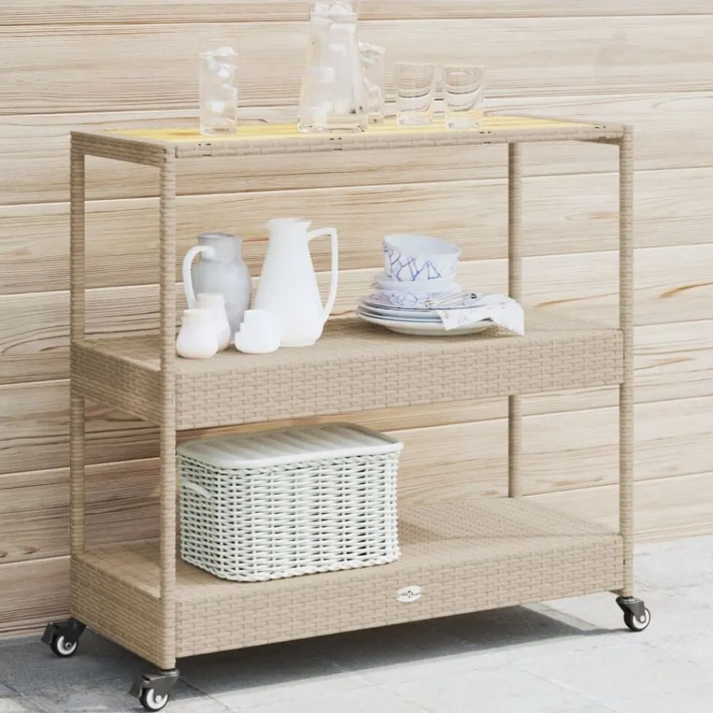 Chariots & Îlots-vidaXL Chariot de bar 3 niveaux beige rotin et bois d'acacia massif Beige et marron