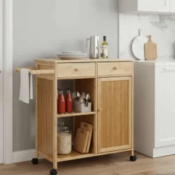 Chariots & Îlots-vidaXL Chariot de Cuisine avec Roues Naturel 90,5 x 36 x 86,5 cm