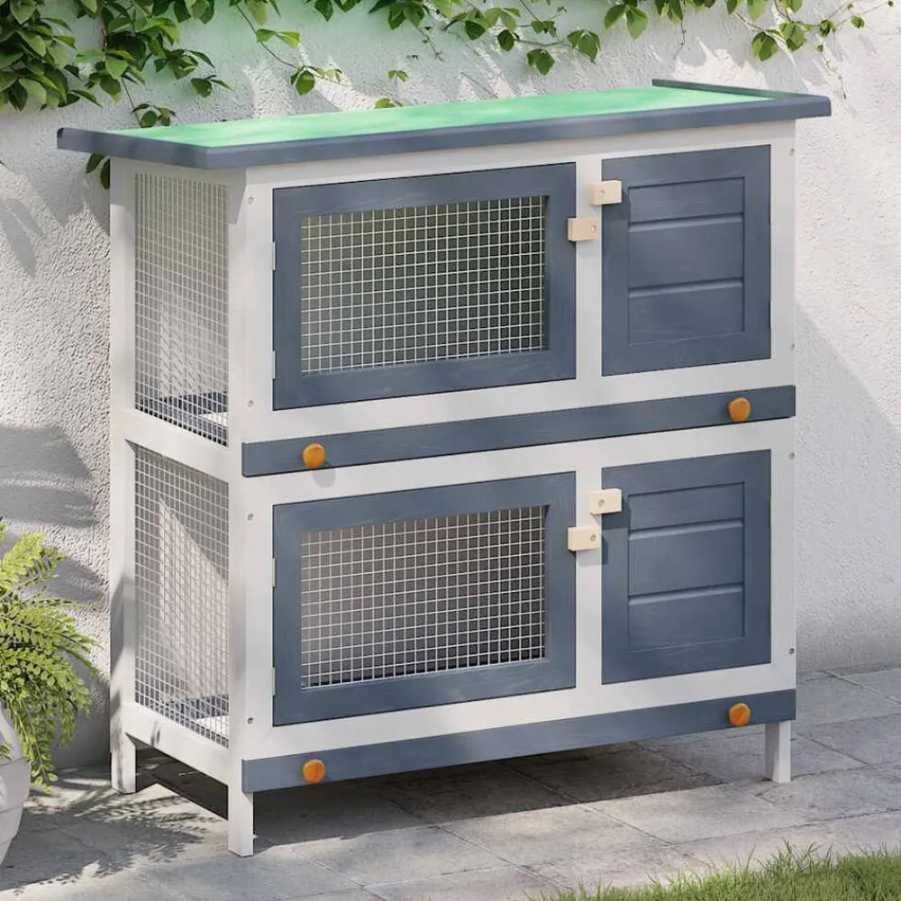 Articles Pour Animaux De Compagnie-vidaXL Clapier d'extérieur 4 portes Bois Gris