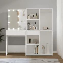 Armoires & Meubles De Rangement-vidaXL Coiffeuse à LED avec 2 armoires Bois d'ingénierie Blanc