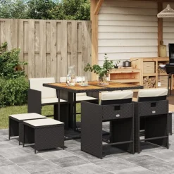 Mobilier De Jardin-vidaXL Ensemble à manger de jardin 9pcs coussins noir résine tressée Noir et cr&egrave;me