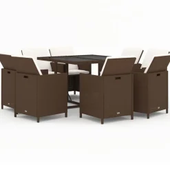 Mobilier De Jardin-vidaXL Ensemble à manger de jardin et coussins 9 pcs Poly rotin Marron