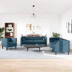 Canapés-vidaXL Ensemble de canapé Chesterfield et traversins 3pcs velours Bleu