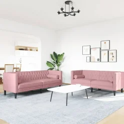Canapés-vidaXL Ensemble de canapé Chesterfield et traversins 2pcs velours Rose