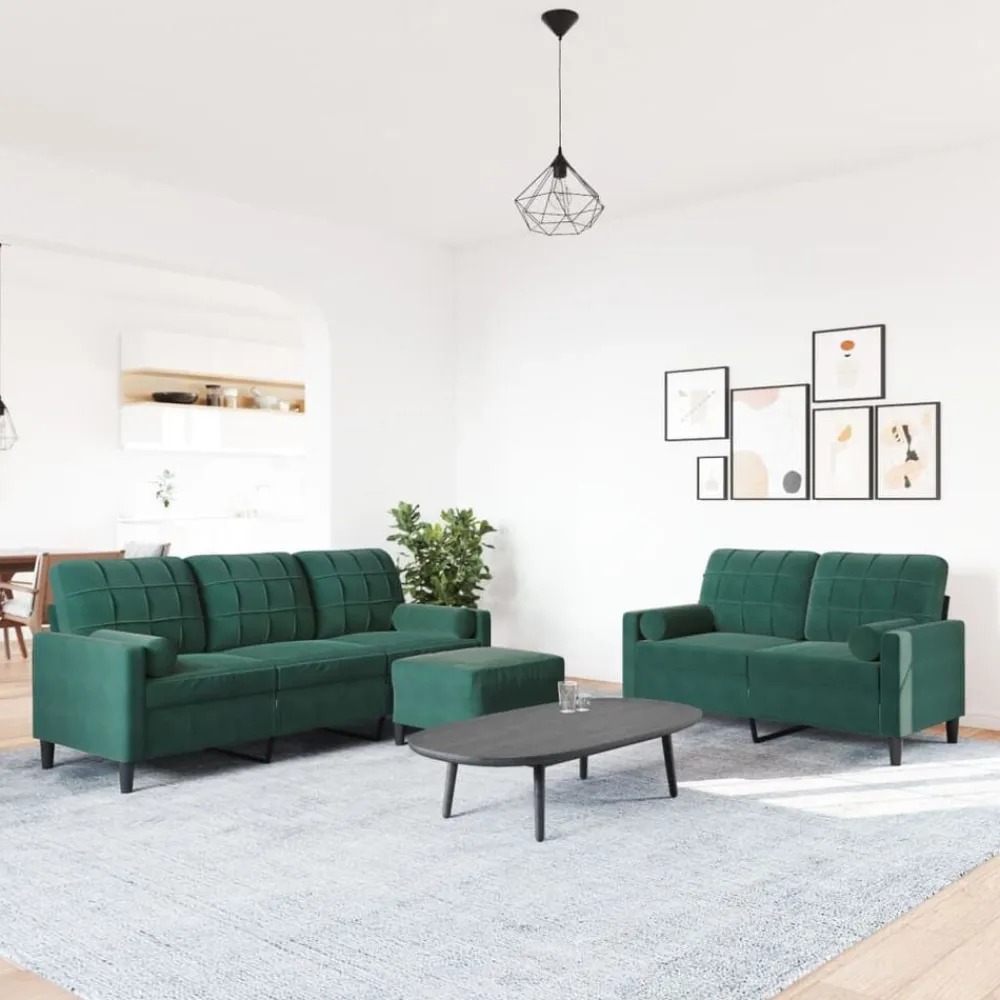 Canapés-vidaXL Ensemble de canapés 3 pcs avec coussins et traversins velours Vert foncé