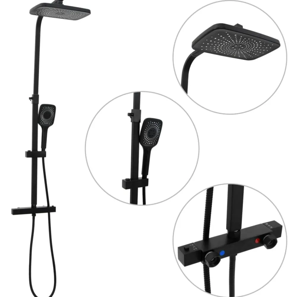 vidaXL Ensemble de douche à deux tête et mitigeur et tuyau laiton noir