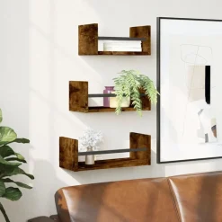 Étagères-vidaXL Ensemble d'étagères murales avec barres 3 pcs chêne fumé Ch&ecirc;ne fumé