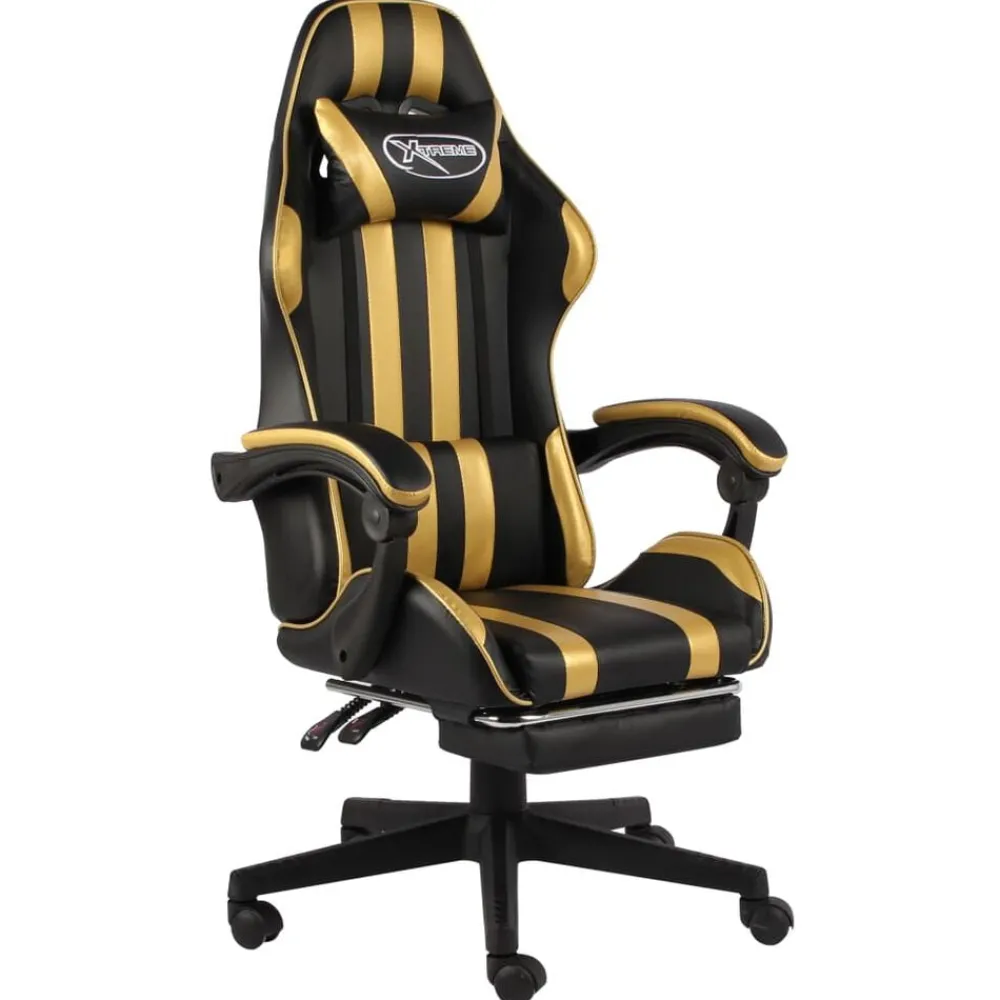 Meubles De Bureau-vidaXL Fauteuil de jeux vidéo avec repose-pied Noir et Similicuir Doré
