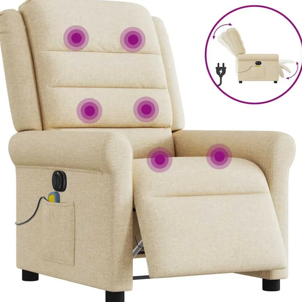 vidaXL Fauteuil inclinable de massage électrique crème tissu