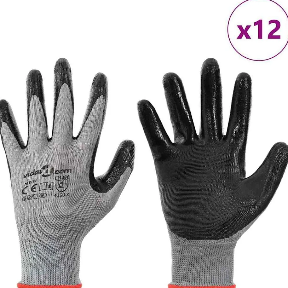 Équipement De Protection-vidaXL Gants de Travail 12 pcs Gris et Noir 7 / S Polyester