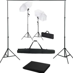 Appareils Photo-vidaXL Kit de studio photo avec toile de fond lampes et parapluies Noir